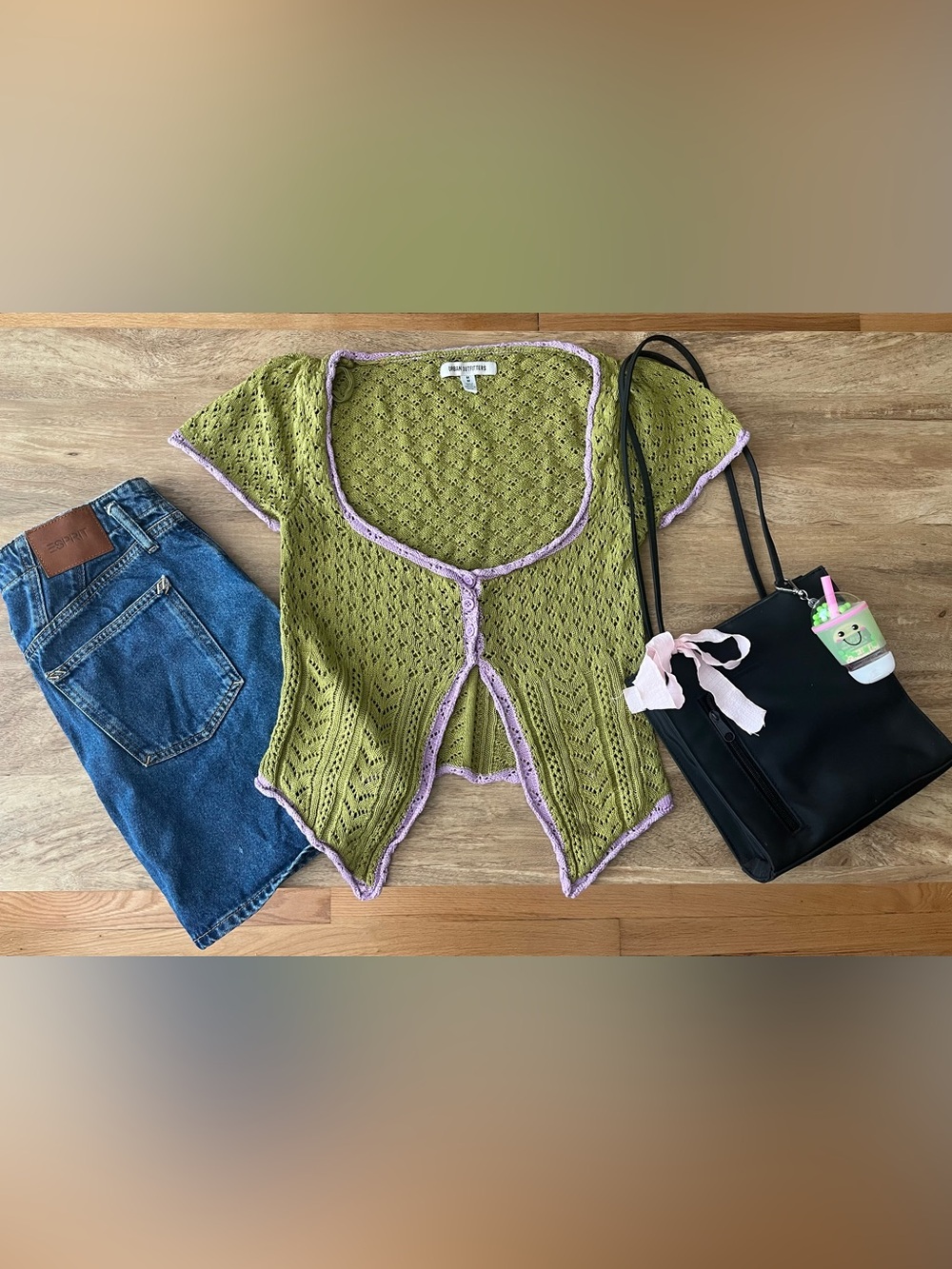 Urban Outfitters Olive Green Knit Cardigan with Lavender Trim